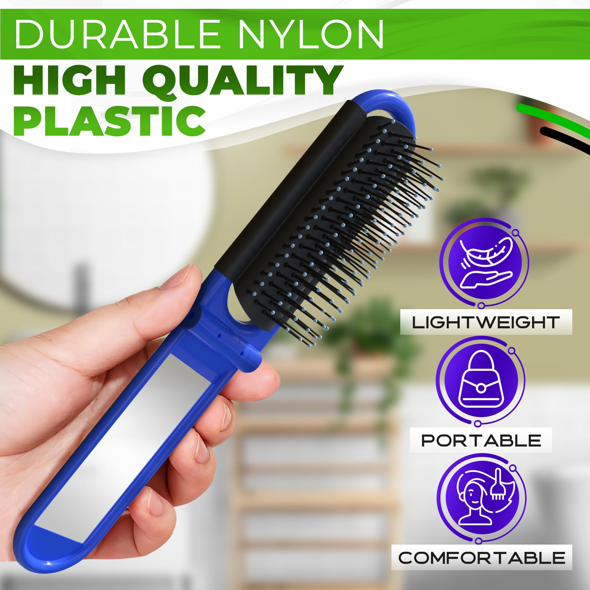 Pack of 4 Portable Folding Hair Brush with Mirror Compact Pocket Hair Compact Anti-static Hair Comb - Hair Styling Tools Pocket Size for Travel Car Gym Bag Purse-Black