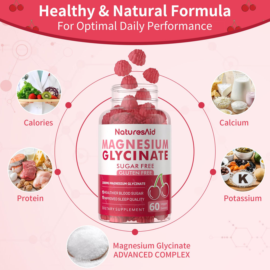 Magnesium Glycinate Gummies 1000mg - Sugar Free Magnesium Potassium Supplement with Vitamin D, B6, CoQ10 for Calm Mood & Sleep Support - 120 Cherry Gummies -2 Pack