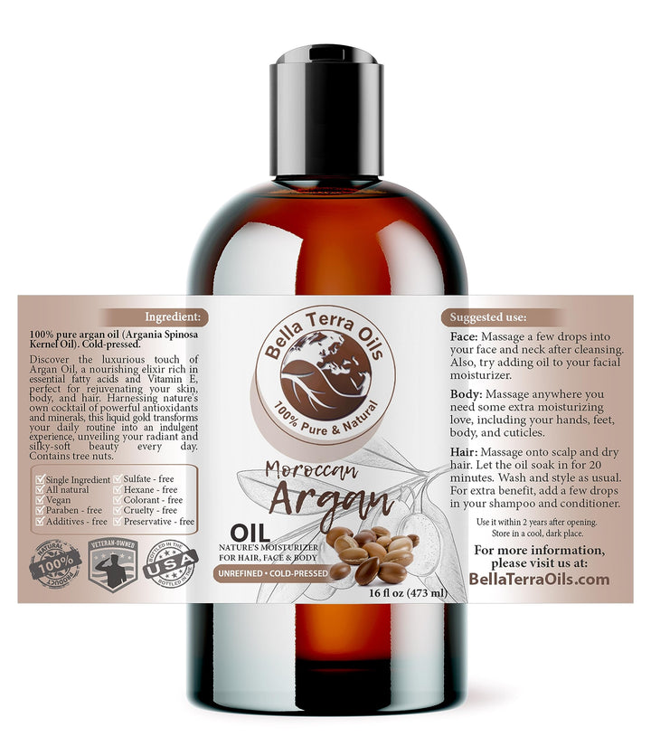 Bella Terra Oils - Argan Oil 16oz - Unrefined & Pure, Unlock the Magic of Moroccan Argan, Immerse in Natural Hair & Skin Nourishment