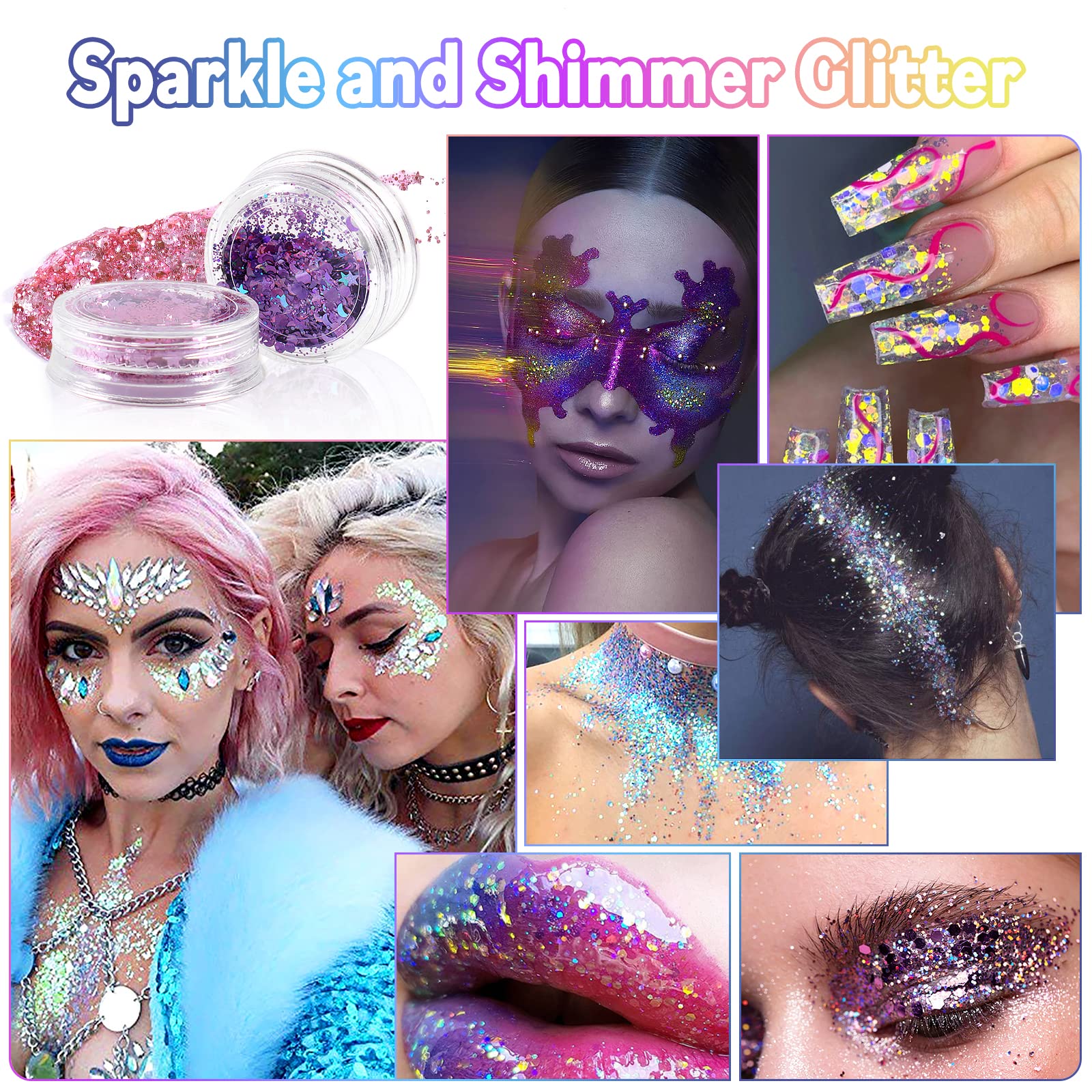 Laza Body Glitter, 2 Jars Holographic Chunky Sequins with Glitter Glue Perfect for Women Eyeshadow Makeup Face Paint Festival Rave Outfits Hair Accessories Carnival Party Costumes - Cyan Blue