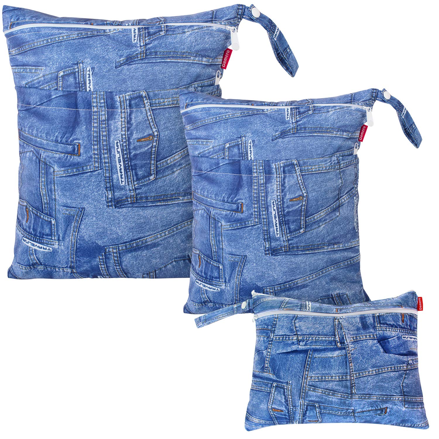 Damero 3pcs Pack Wet Dry Bag for Cloth Diapers Daycare Organizer Bag, Denim