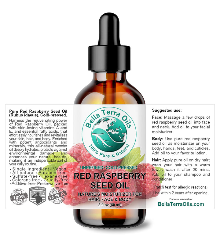 Bella Terra Oils - Red Raspberry Seed Oil 2 oz - Bursting with Omega Fatty Acids & Vitamin E, Luxurious Oil for Daily Skin Nourishment, Cold-Pressed Excellence