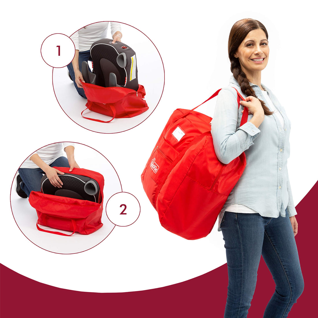 KiddiGo Booster Seat Travel Bag for Airplane, Red, 17 H x 16.5 W x 9.5 D, Fits Most Backless Booster Seats, Easy to Carry with Luggage Handle, Durable Zippers & Front Small Pocket