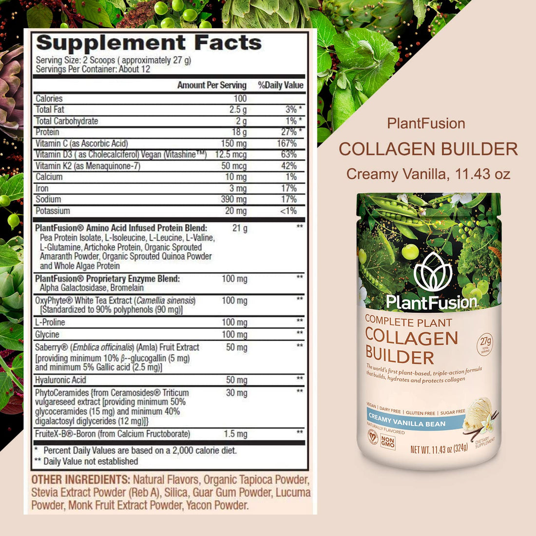 PlantFusion Vegan Collagen Powder - Plant Based Collagen Protein Powder for Muscle & Joints, Hair, Skin & Nails - Keto, Gluten Free, Soy Free, Non-Dairy, No Sugar, Non-GMO - Vanilla 11.43 oz