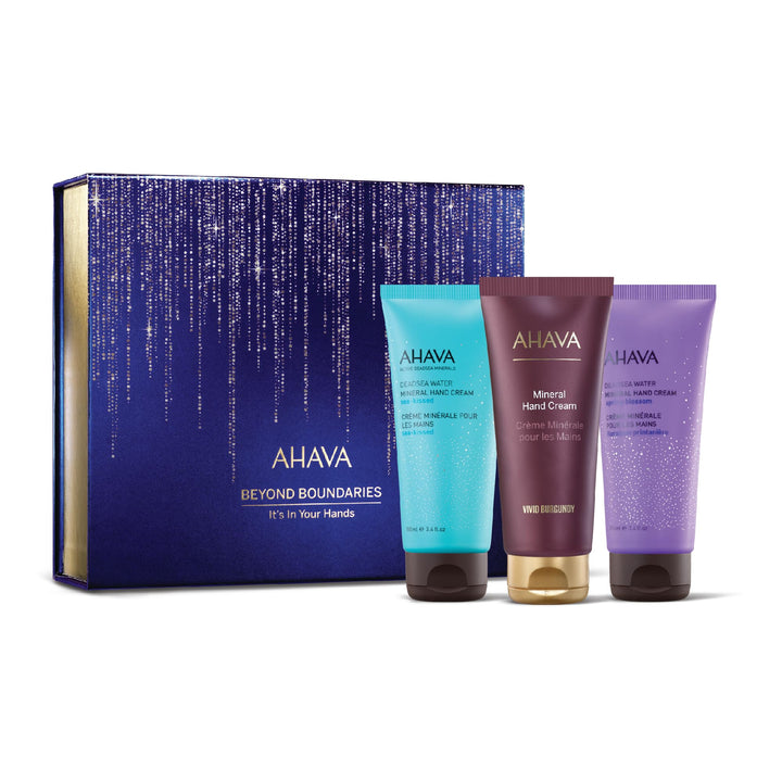 AHAVA It's In Your Hands Gift Set - Includes Mineral Hand Creams of Sea-Kissed, Vivid Burgundy & Spring Blossom, 3 x 3.4 Fl.Oz & Sample Crystal Osmoter X6 Serum