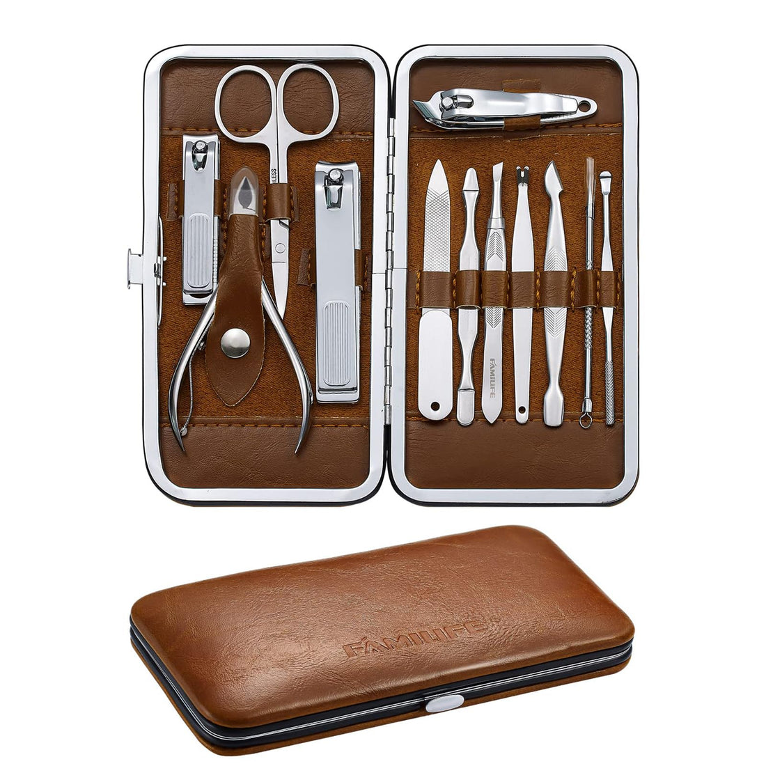 FAMILIFE Manicure Pedicure Kit Professional Nail Clippers Set Men and Women 12 Pieces Grooming Kit with Luxurious Leather Travel Case (D-Brown)
