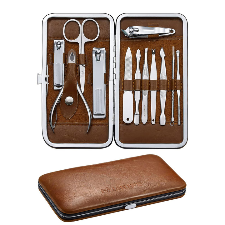 FAMILIFE Manicure Pedicure Kit Professional Nail Clippers Set Men and Women 12 Pieces Grooming Kit with Luxurious Leather Travel Case (D-Brown)