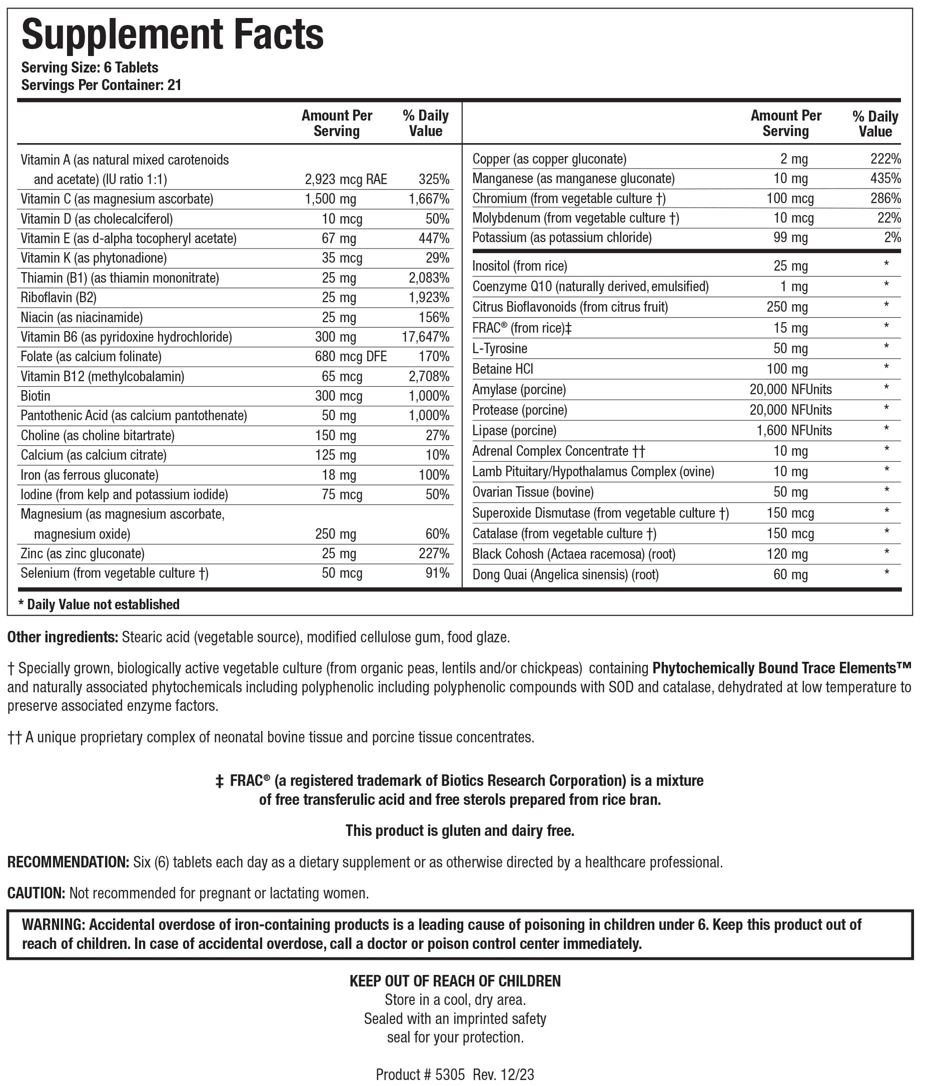Biotics Research Equi Fem Multi-Vitamin Mineral Supplement for Women. High Dose Multi for Pre Menstrual Support. Hormonal Support. Black Cohosh. Dong Quai. Digestive Enzyme Support 126 Tabs