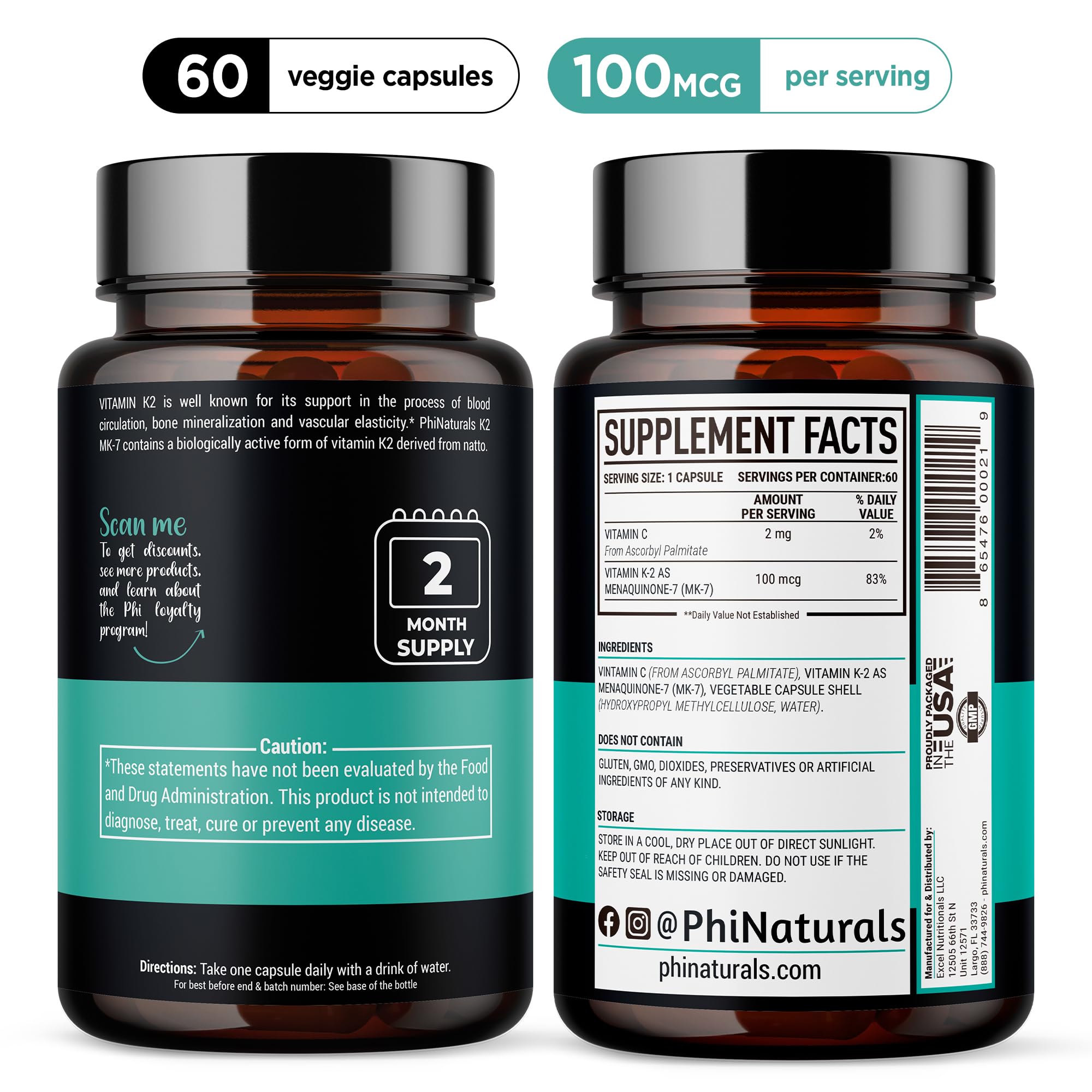 PhiNaturals Vitamin K2 Mk7 100 mcg Vegan 60 Capsules Bone Health Heart Cardiovascular Arteries - VIT k-2 MK-7 100mcg Supplement from Natto