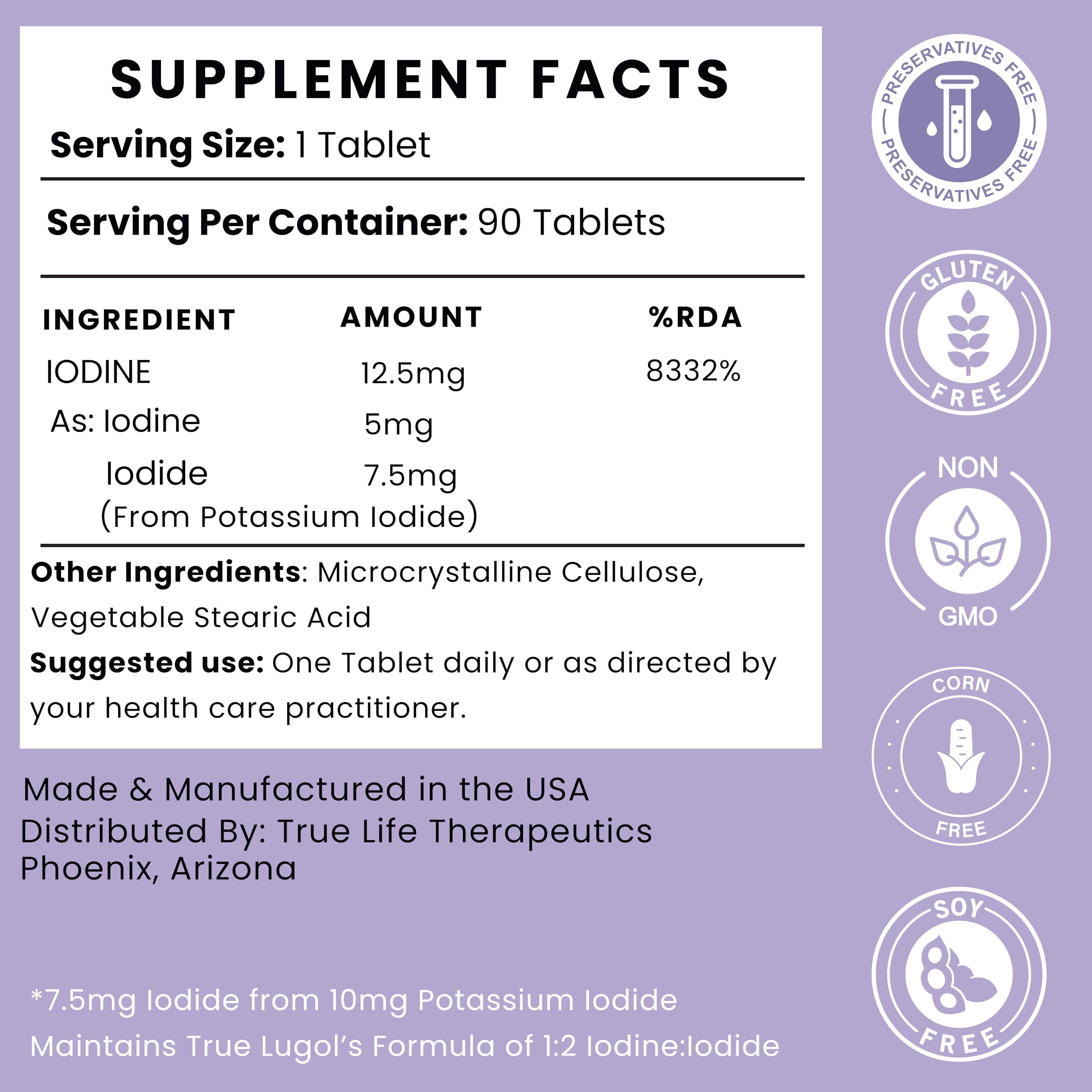 Lugol's Iodine Tablets 12.5mg x 90 ct - Reddish Brown Stable Iodine + Potassium Iodide Formula, Masks Bitter Liquid Taste, Thyroid Support, Detox, Breast Health - No Preservative, Non-GMO, Gluten-free