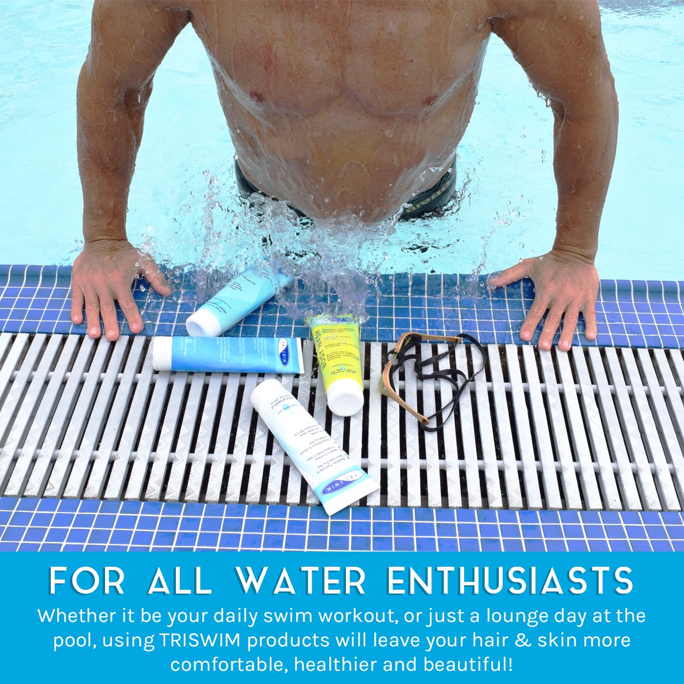 TRISWIM Gift Set Value Pack of 4 + Mesh Bag Travel Kit Swim Care Chlorine Removal Body Wash + Swimmers Shampoo + Conditioner and Lotion 8.5 fl oz for Hydrated Skin and Healthy Hair