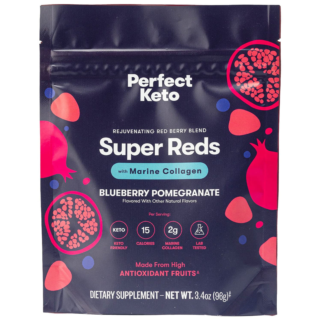 Perfect Keto Super Reds Superfood Powder, Antioxidants Supplement with Fruit & Vegetable Powder, Polyphenols & Marine Collagen, Drink Mix for Skin & Energy Support, Blueberry Pomegranate, 20 Servings