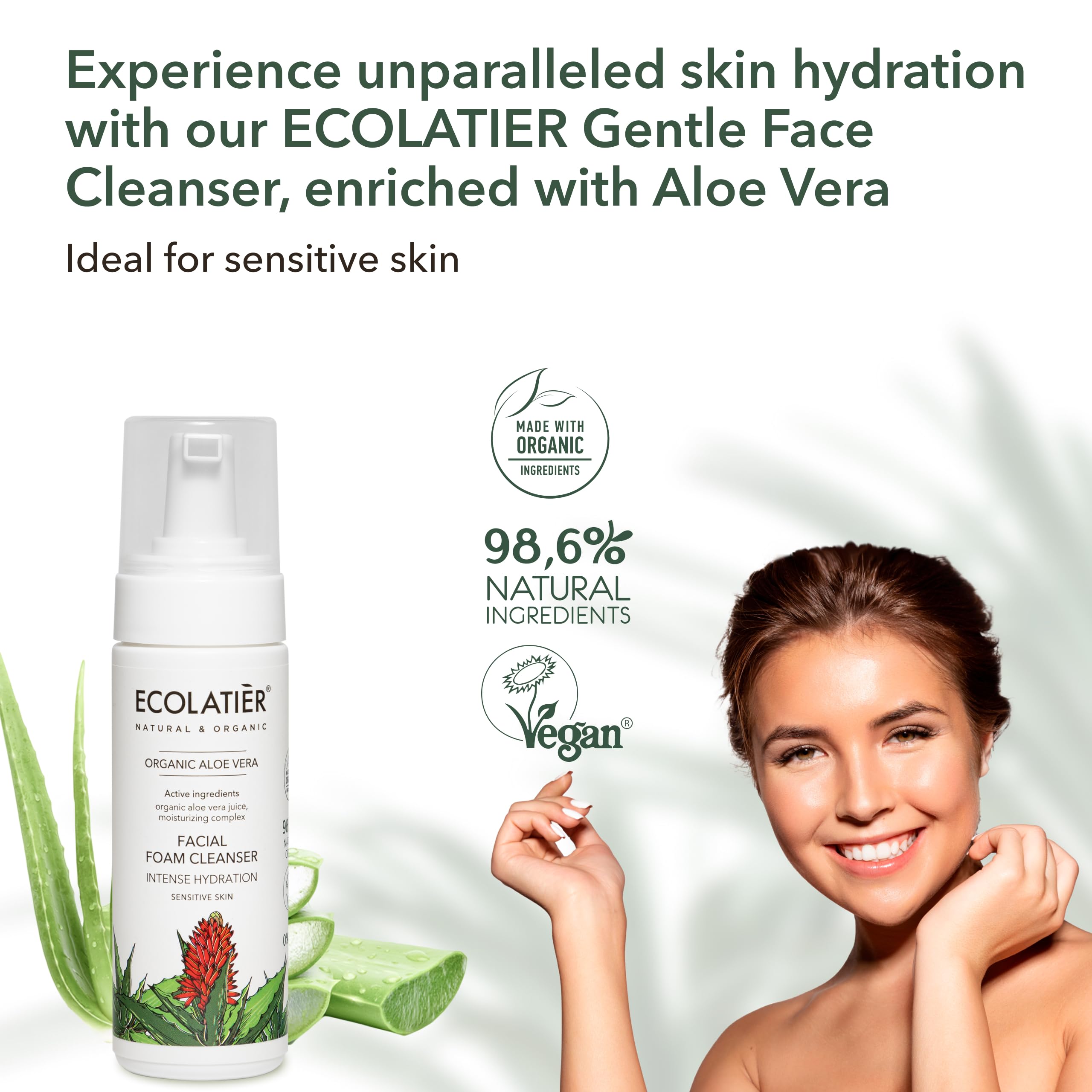 ECOLATIÈR Foaming facial cleanser with Organic Aloe Vera, 98.6% Natural, Vegan Face Wash for Women, Gentle Hydrating Cleanser for Sensitive Skin, Removes Makeup & Impurities, 5.1 Fl Oz