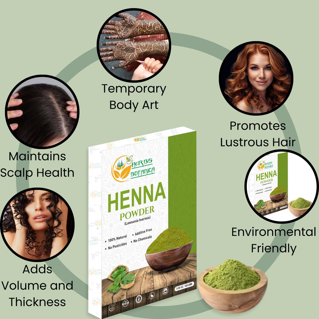 Herbs Botanica Henna Powder 100% Pure & Natural Henna for Hair Dye & Natural Hair Care – Finely Ground Lawsonia Inermis Powder for Hair Coloring & Conditioning 5.3 oz Pack