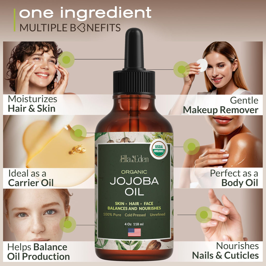 Ella & Eden Organic Jojoba Oil for Hair, Skin, Face & Nails | Cold-Pressed & Unrefined, USDA Certified, 100% Pure, Hexane-Free Moisturizer in a Glass Bottle, 4 Oz