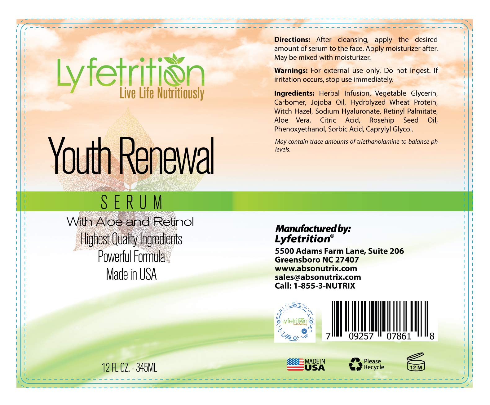 Lyfetrition Youth Renewal Serum (Skin and Face Formula) | 12 fl oz Large Bottle | With Aloe and Retinol