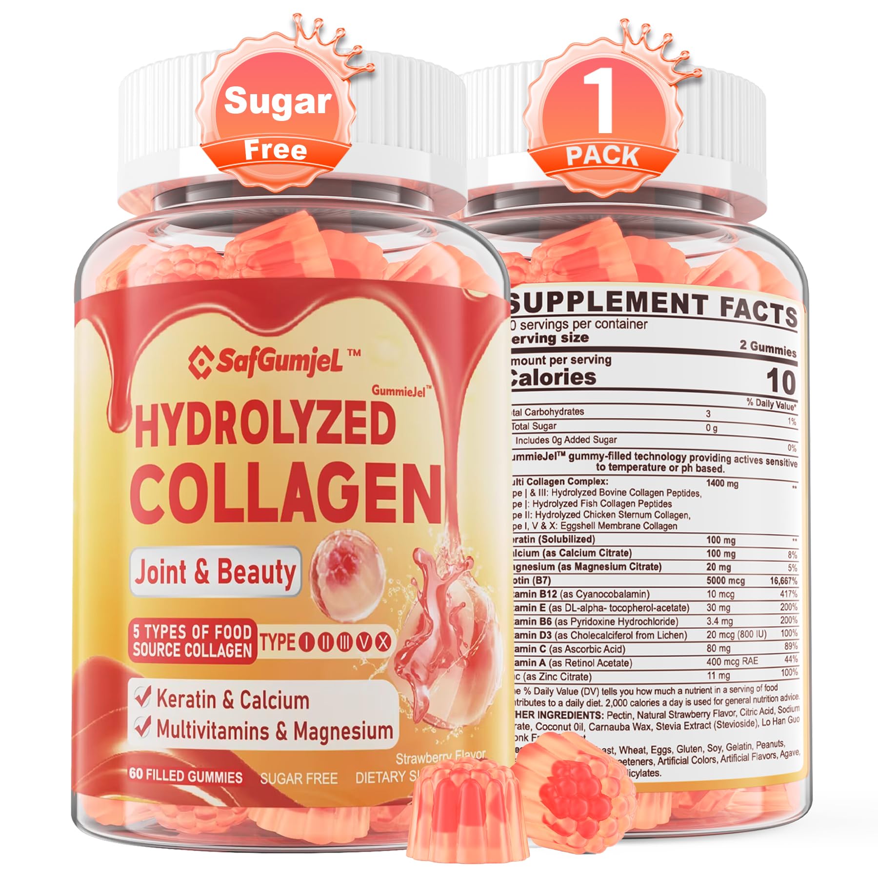 Sugar Free Hydrolyzed Collagen Peptides Gummies for Women, Multi Hydrolyzed Collagen Type I II III V X Supplement w/Keratin Calcium Magnesium for Hair, Skin & Nails, Healthy Joints, Anti-Aging, 60cts