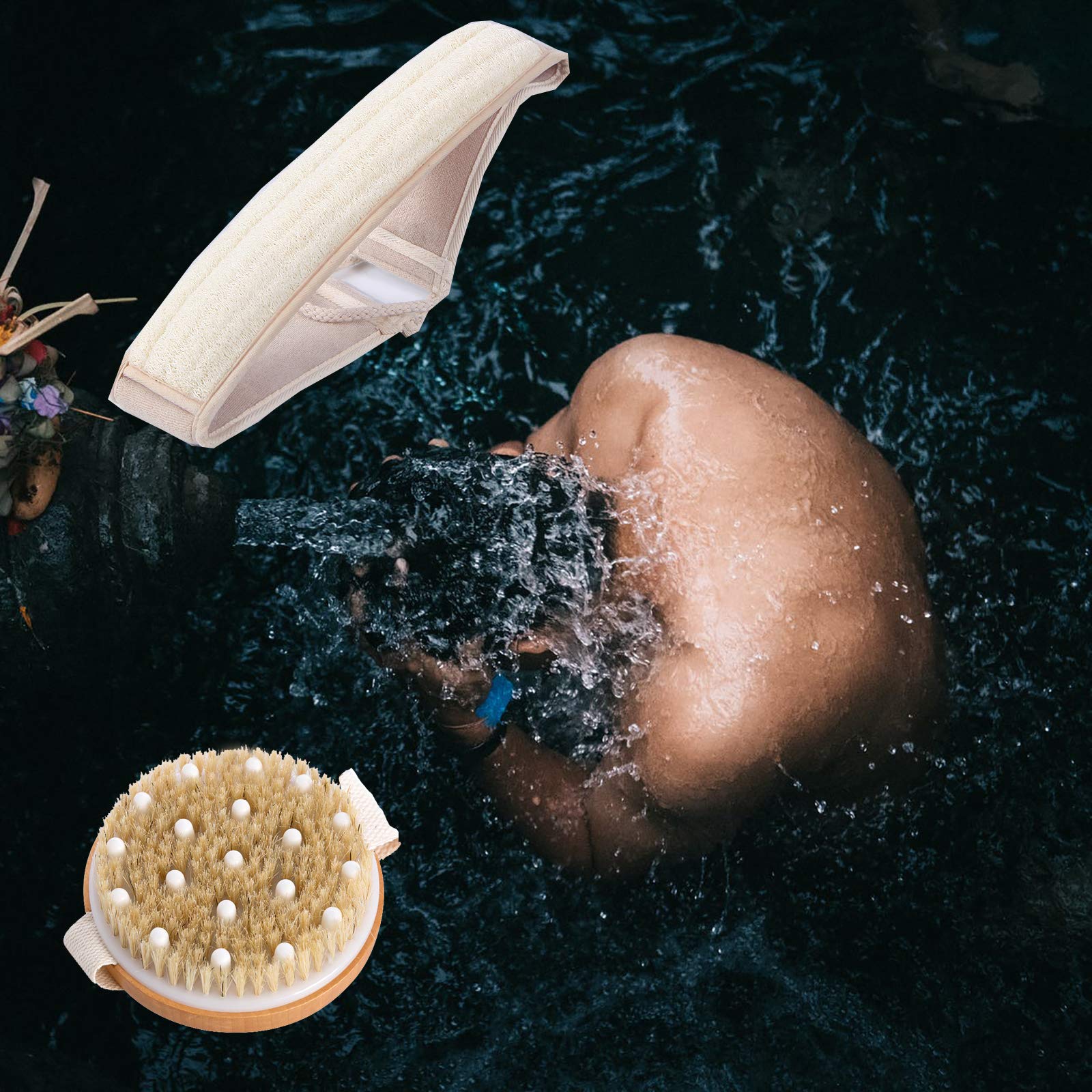 Bath Body Brush Shower Back Scrubber with Wall Hook,Dry Brushing Body Brush For Massage,Lengthened Natural Loofah Exfoliating Back Scrubber For Shower