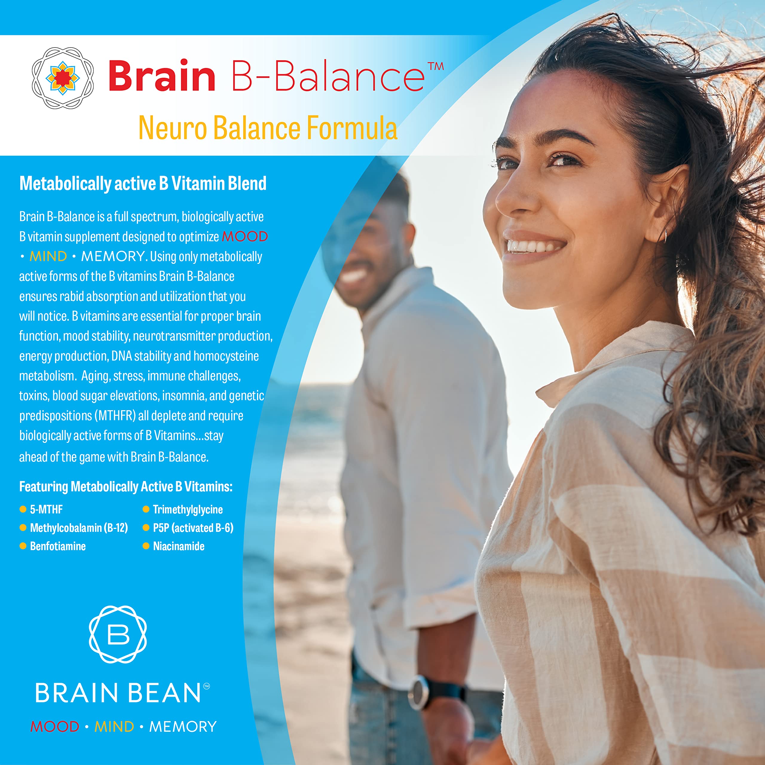 Brain B Balance: Methylated Multivitamin - Methylated B Complex Neurobalance Formula - Methylfolate Supports Mood.Mind.Memory - 60 Vegan Capsules