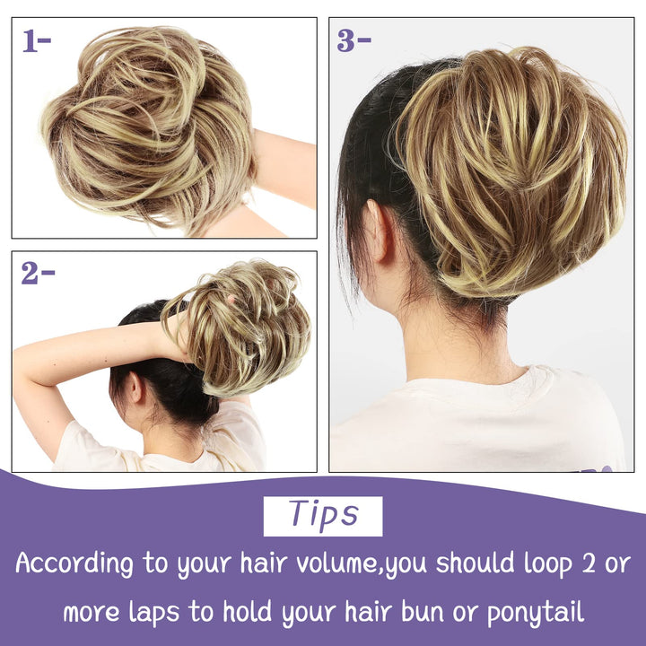 WILLBOND 4 Pcs Messy Hair Bun Hairpiece Tousled Updo for Women Hair Extensions Straight Short Ponytail Elastic Scrunchies Curly Hair Accessories (Brown mix Blond/12H24,Basic Style)