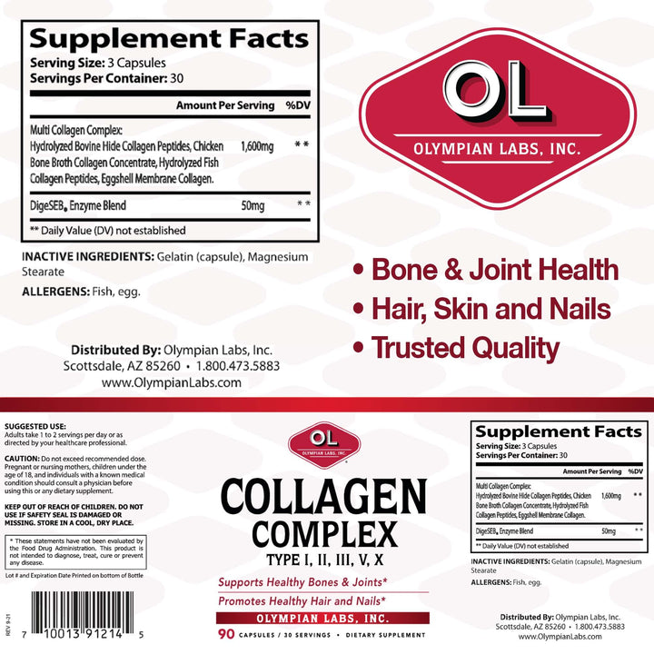 Olympian Labs Multi Collagen Complex Type I, II, III, V, X, Hair, Nails, Joint, Gut Health, 90 Caps, 30-Day Supply