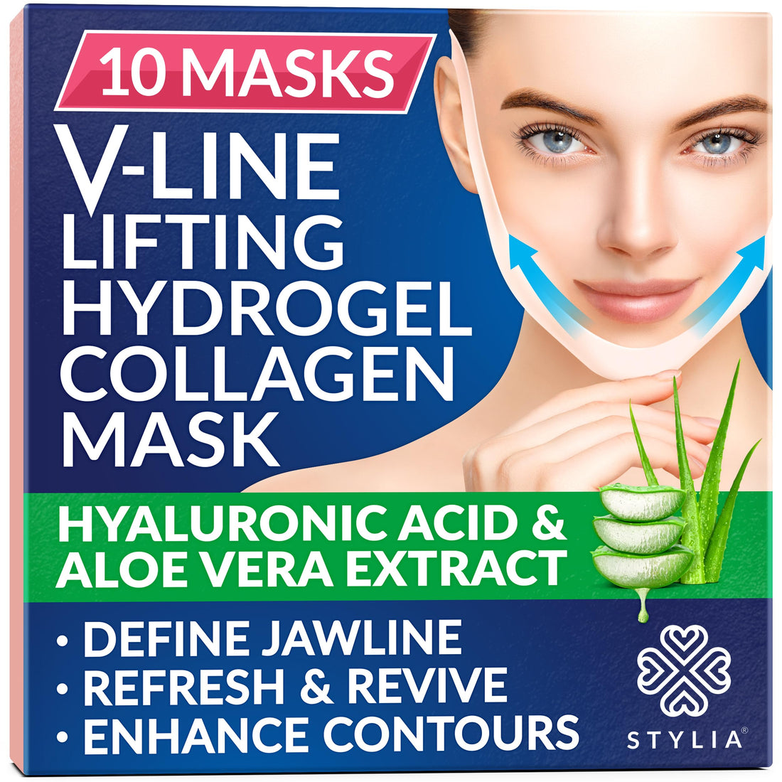 STYLIA V Line Lifting Collagen Face Mask - Double Chin Strap for Women - Jawline Shaper Face Lift Tape - Neck Lift Collagen Mask - Chin Strap for Sleeping - Hyaluronic Acid, Aloe Vera, Cica 10PC