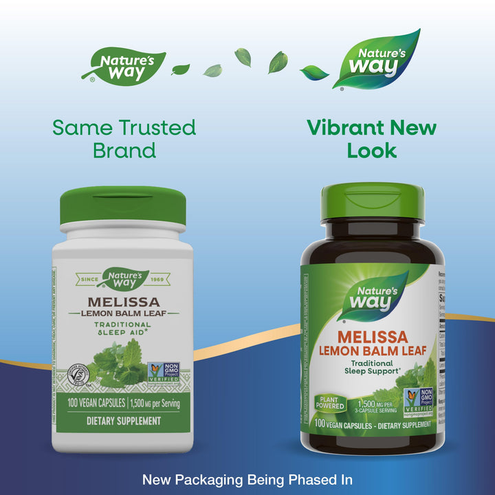 Nature's Way Melissa Lemon Balm Leaf, Traditional Sleep Support*, 1,500 mg per 3-Capsule Serving, Non-GMO Project Verified, 100 Vegan Capsules (Packaging May Vary)