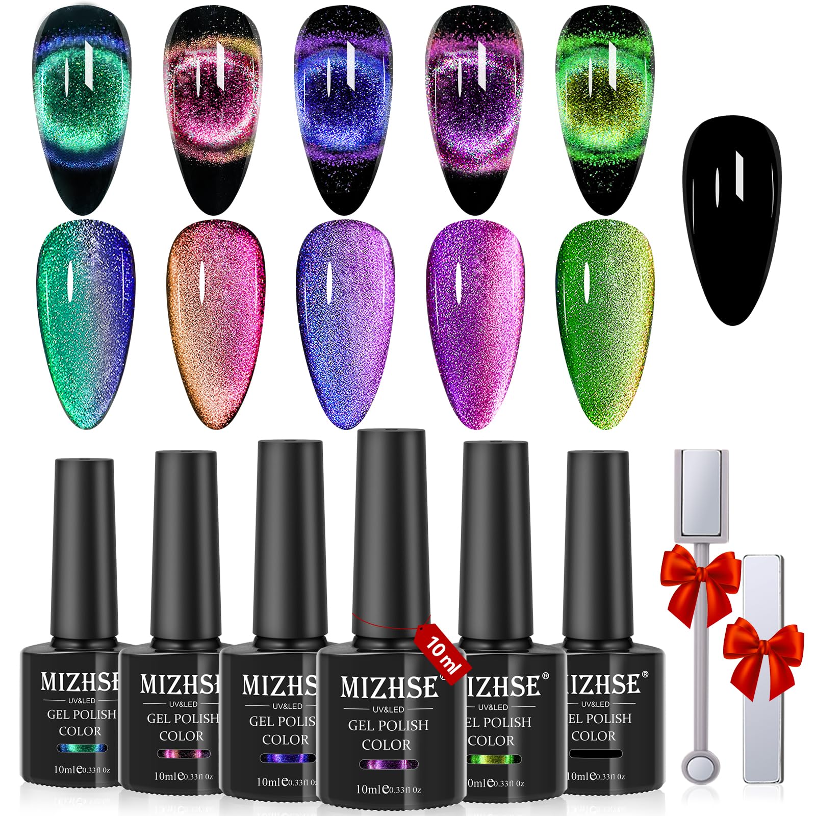 MIZHSE 9D Cat Eye Gel Nail Polish Fashion Chameleon Magnetic Gel 10ml Soak Off UV LED with 2 Magnet Stick Gel Nail Polish Set 6pcs