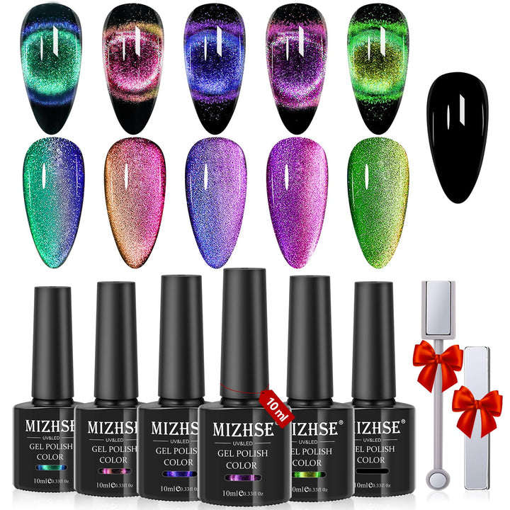 MIZHSE 9D Cat Eye Gel Nail Polish Fashion Chameleon Magnetic Gel 10ml Soak Off UV LED with 2 Magnet Stick Gel Nail Polish Set 6pcs