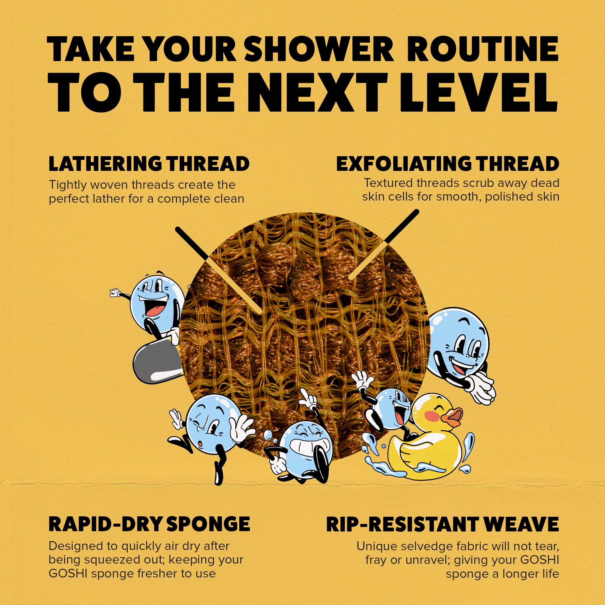 GOSHI Exfoliating Shower Sponge - Rip-Resistant, Rapid-Drying Exfoliating Bath Sponge for All Skin Types - Marigold Yellow - Made in Japan