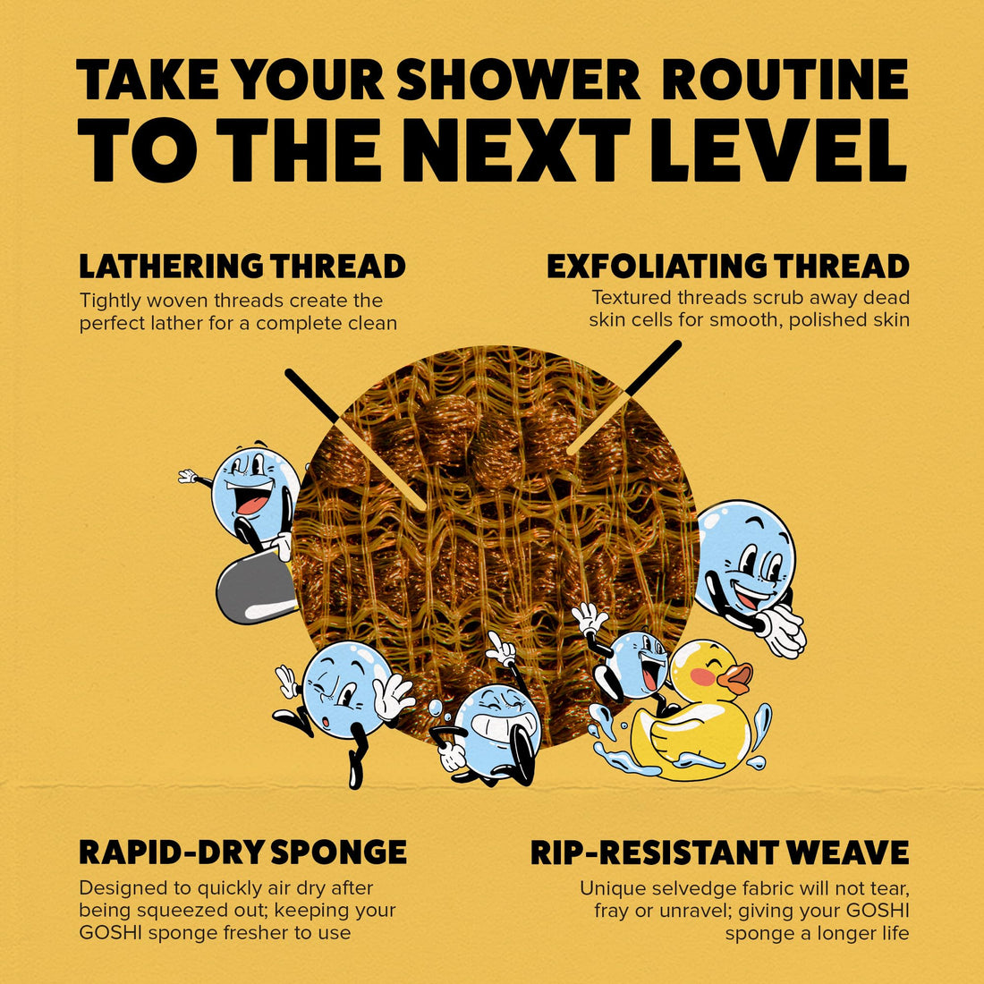 GOSHI Exfoliating Shower Sponge - Rip-Resistant, Rapid-Drying Exfoliating Bath Sponge for All Skin Types - Marigold Yellow - Made in Japan