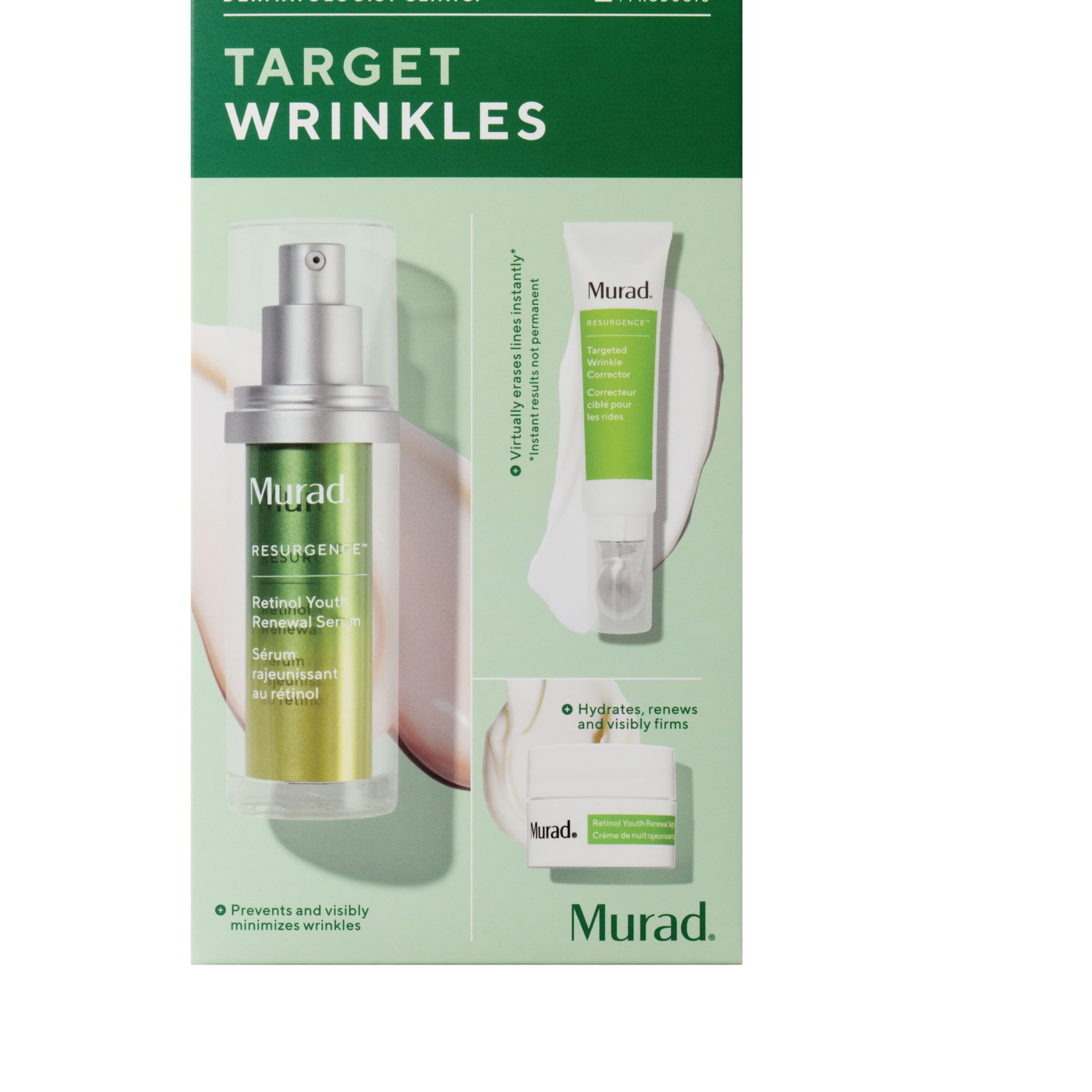 Murad Target Wrinkles (3 Piece Value Set) - Retinol Serum, Targete Wrinkle Corrector, Retinol Night Cream - Prevents and Visibly Minimizes Wrinkles While Hydrating and Firming Skin