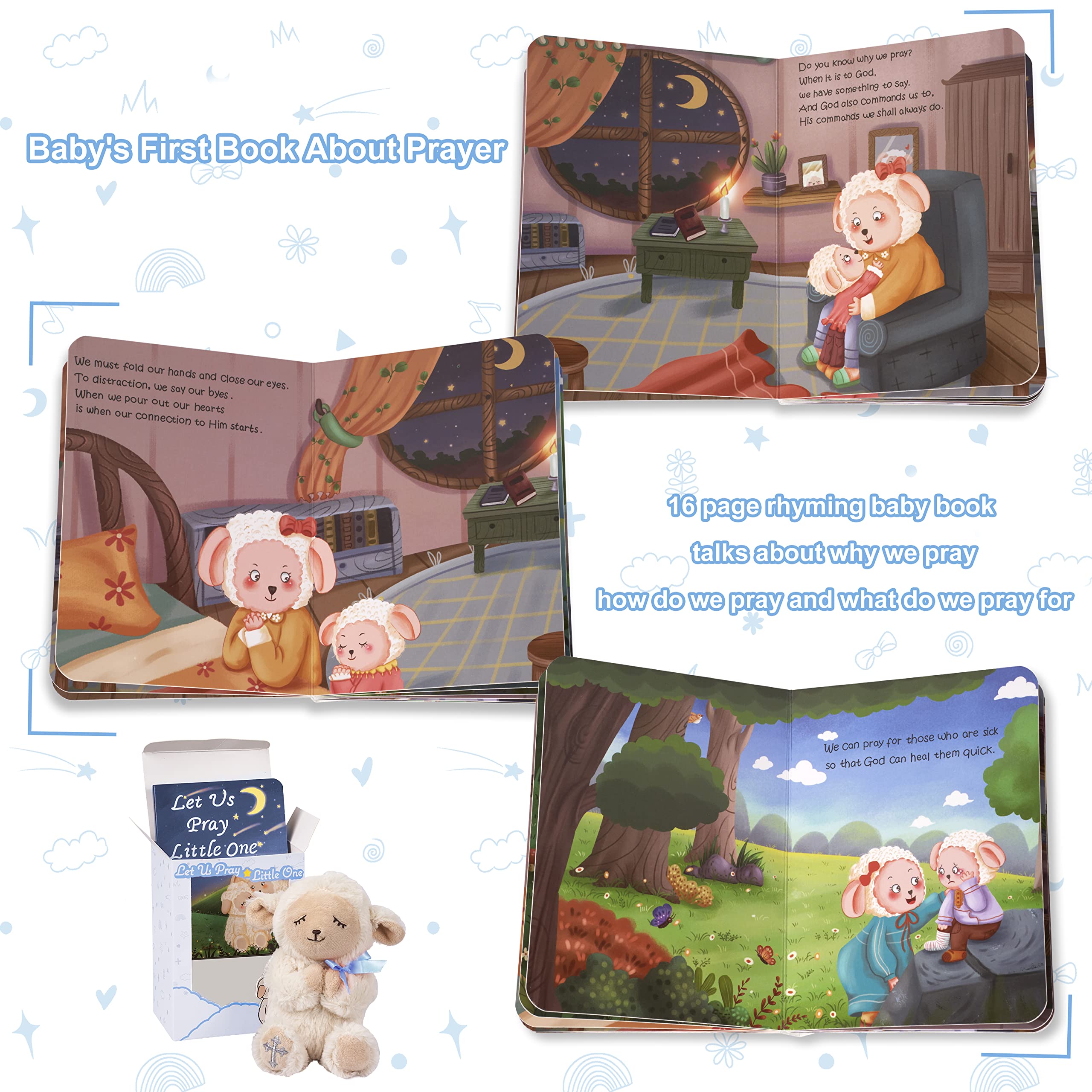 MyMateZoe Baptism Gifts for Boys, Great Christening, Dedication and Baptism Gift Set for Boys and Newborn Baby, Includes 7 Praying Lamb Plush Toy and Let Us Pray Baby Book in Keepsake Gift Box