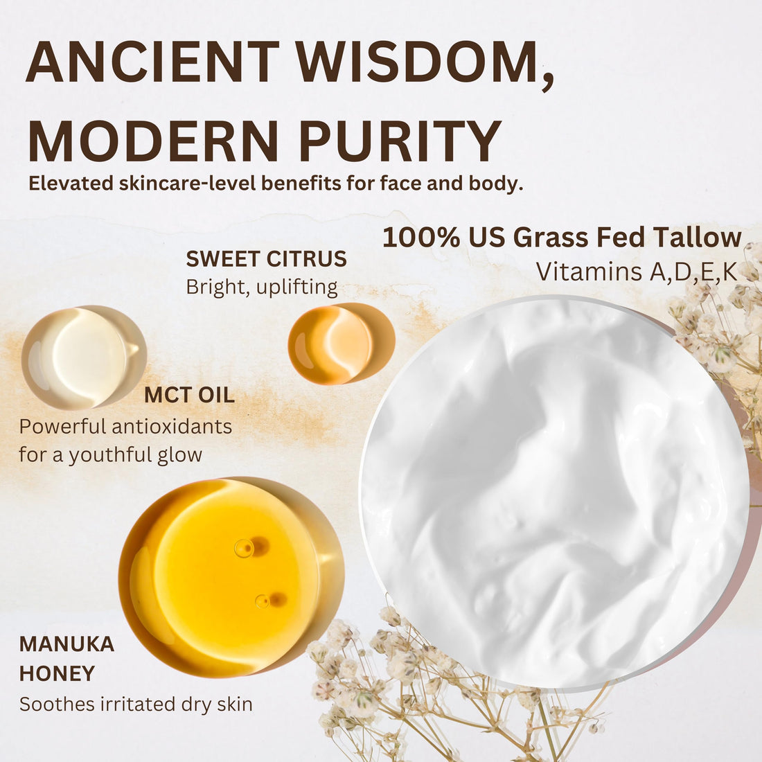 Liné Naturals Whipped Beef Tallow for Skin - 100% Pure, Grass Fed Tallow Moisturizer for Face and Body - Organic Honey Beef Balm for Sensitive Skin - Quick Absorbing Hydration (Sweet Citrus)