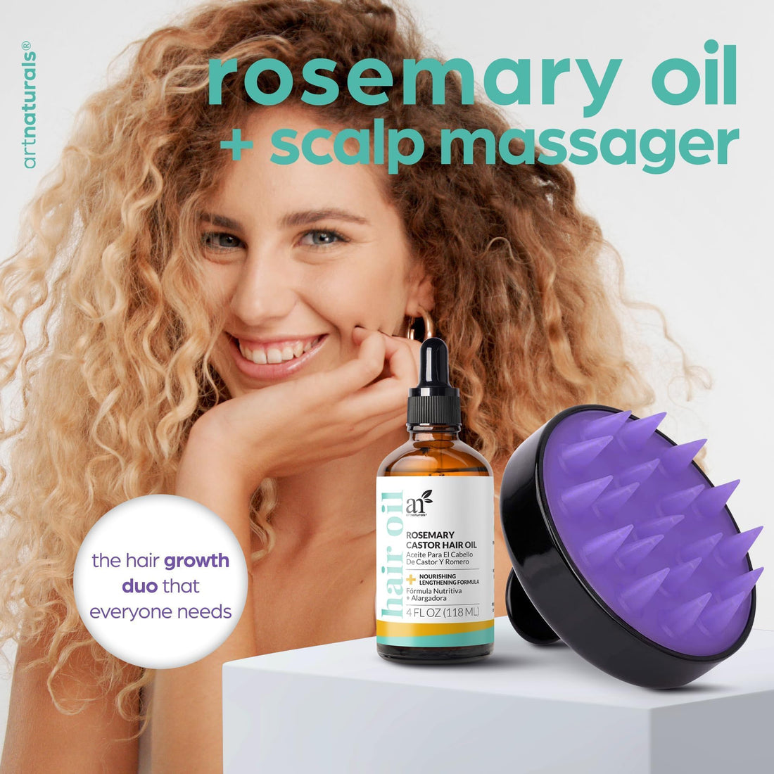 ArtNaturals Organic Rosemary & Castor Hair Growth Oil + Scalp Massager Set – Hair Relaxer for Dry, Itchy Scalp, Thickening & Hydration - Scalp Oil Products For Damaged Hair & Split Ends – 4.0 oz