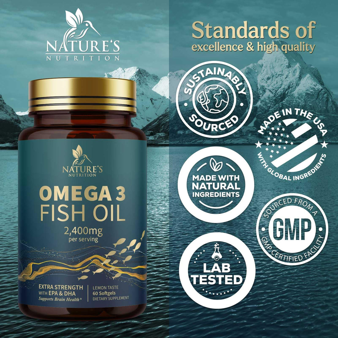 Triple Strength Omega 3 Fish Oil 2400 mg Softgels, Nature's Fish Oil Supplements, Brain & Heart Health Support - EPA & DHA, 1200 MG Fish Oil in Each Softgel, Omega-3 Supplement - 60 Fish Oil Softgels