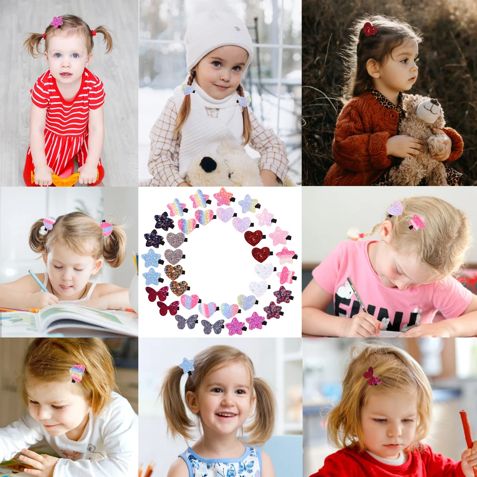 Fishdown Sparkle Sequins Hair Accessories for Girls: 36 Pcs Star, Heart, Butterfly Hair Clips, Barrettes, and Alligator Clips for Toddlers