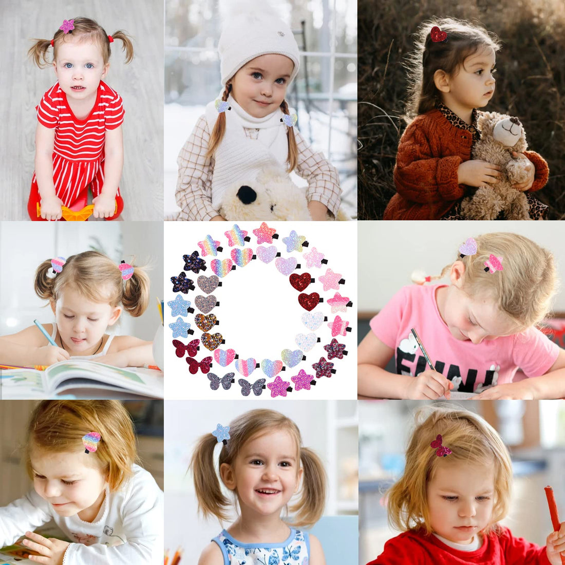 Fishdown Sparkle Sequins Hair Accessories for Girls: 36 Pcs Star, Heart, Butterfly Hair Clips, Barrettes, and Alligator Clips for Toddlers