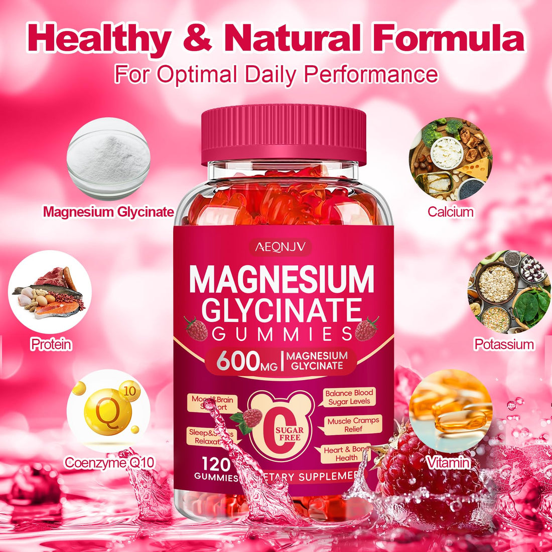 Magnesium Glycinate Gummies 600mg, Sugar Free Magnesium Gummies for Adults with Magnesium L-Threonate, Chewable Magnesium Potassium Supplements for Sleep, Body Support and Relaxation, 120 Gummies