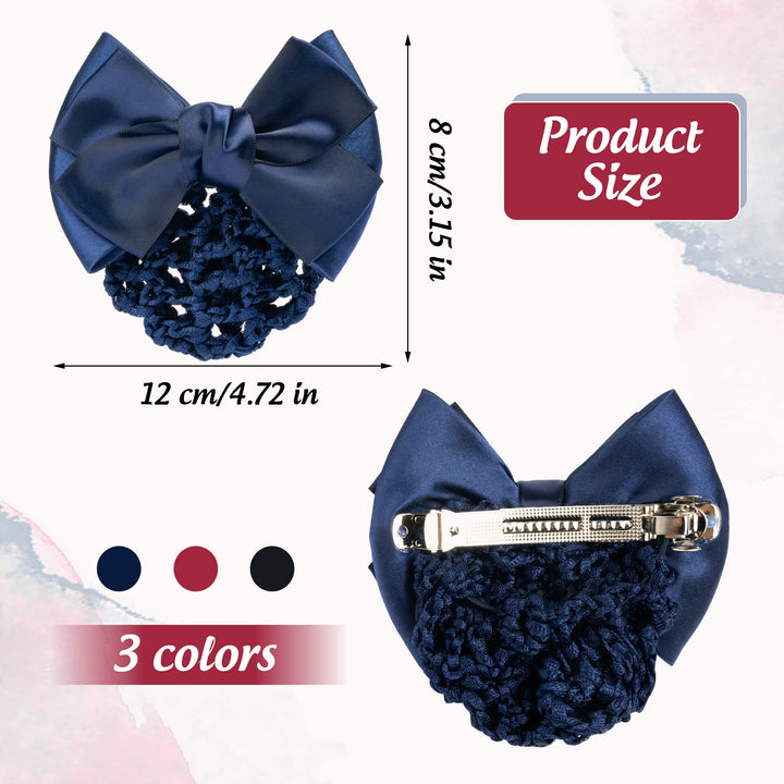 TXIN 3 Pieces Hair Snood Net Bun Cover Knit Hairnet Bow Bowknot Decor Barrette Hair Clip for Women Mesh Work Hairnets, Black & Navy Blue & Red