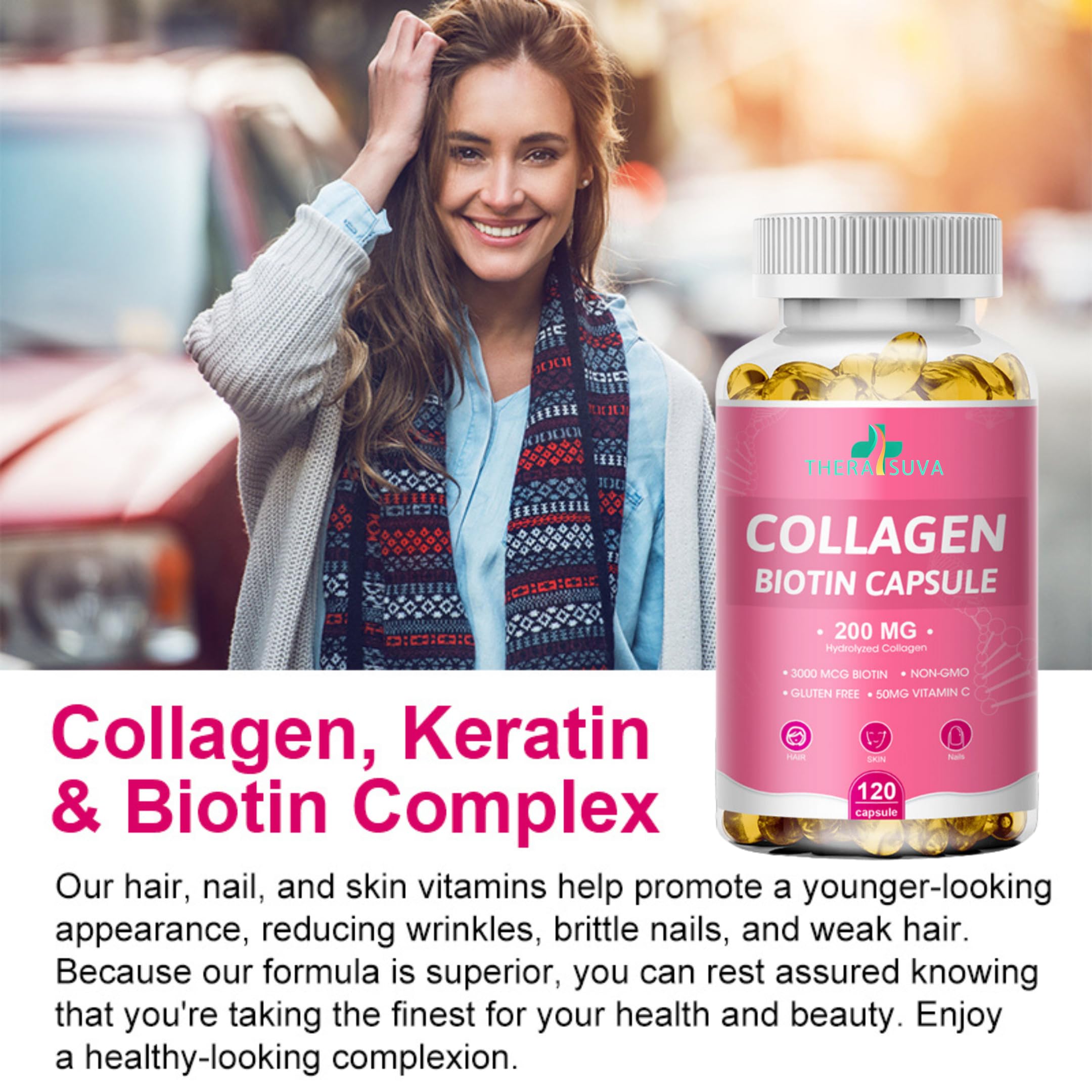 Multi Collagen Complex 200MG + Biotin 3000MCG + Vitamin C 50MG Per Serving! Promotes Healthy Hair, Beautiful Skin, and Nail Support! 120 Capsules, 60 Day Supply