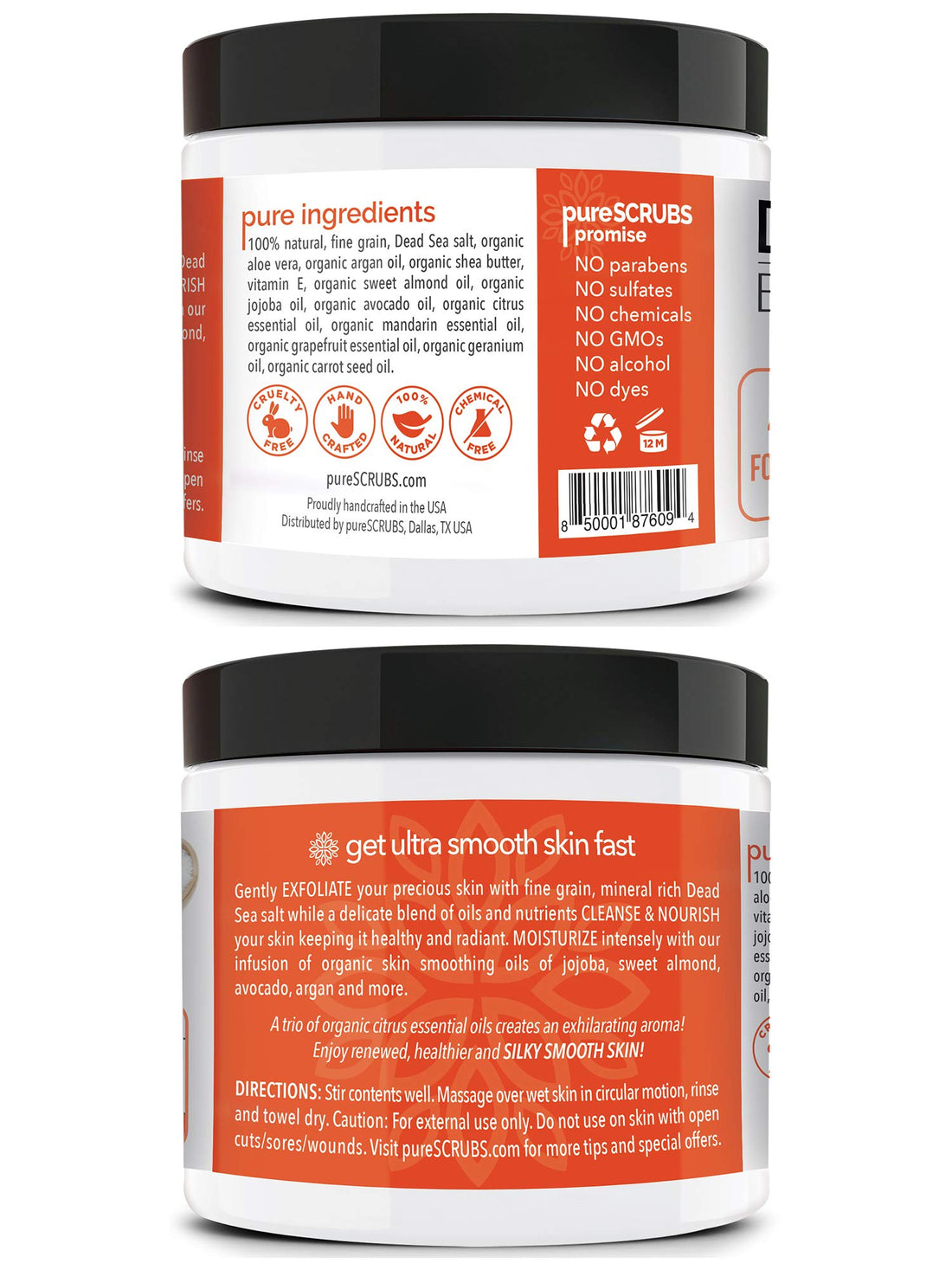 pureSCRUBS Premium Citrus Body Scrub Set - Large 16oz Dead Sea Salt Body Scrub With Infused Essential Oils & Nutrients, Includes Wooden Spoon, Loofah & Oatmeal Exfoliating Bar Soap