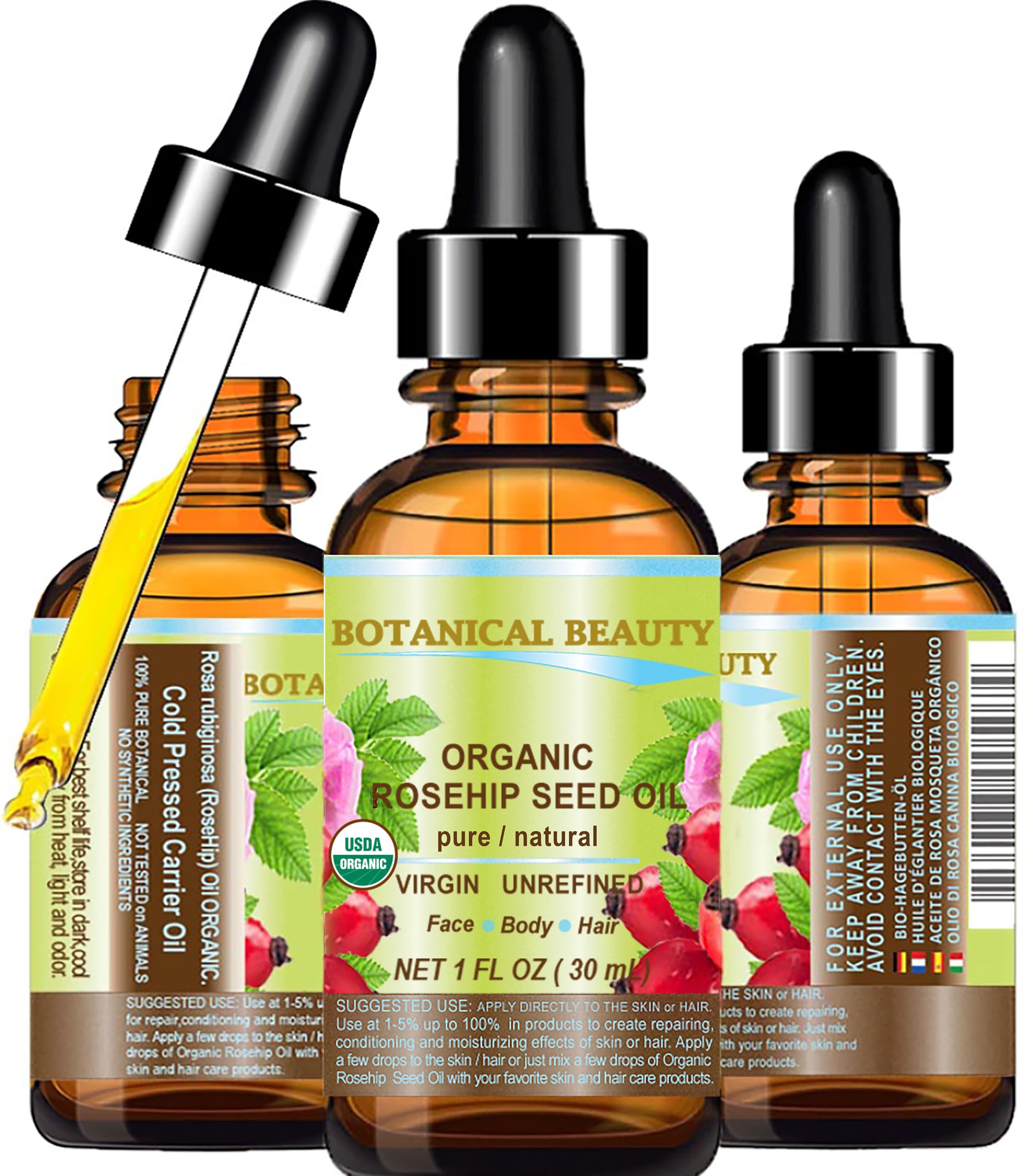 Botanical Beauty Organic ROSEHIP SEED OIL 100% Pure Natural Virgin Unrefined Cold-pressed Carrier Oil 0.5 Fl Oz 15 ml For Face, Skin, Body, Hair, Lip, Nails, Rich in vitamin C, Vitamin E, Anti-Aging