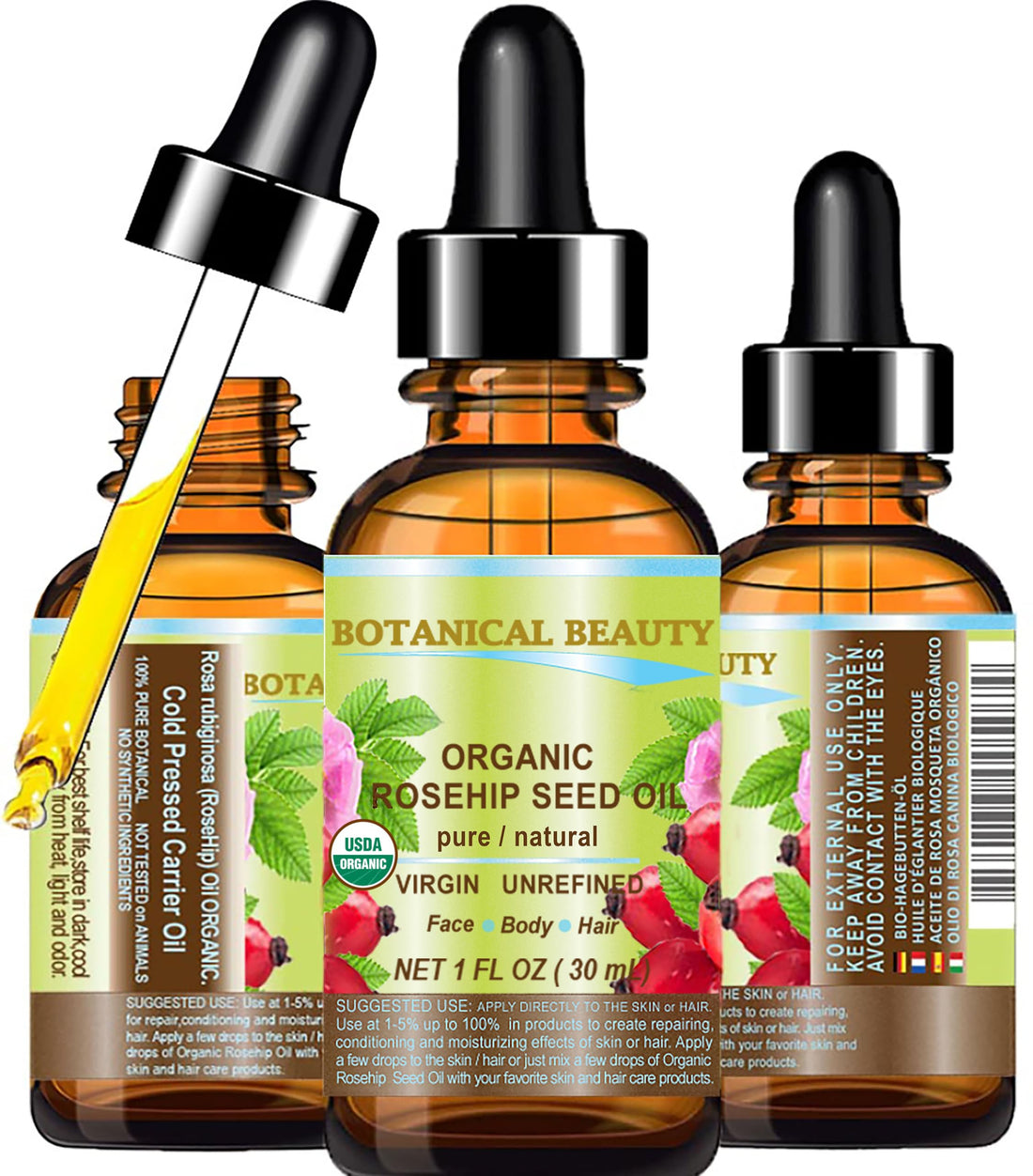 Botanical Beauty Organic ROSEHIP SEED OIL 100% Pure Natural Virgin Unrefined Cold-pressed Carrier Oil 0.5 Fl Oz 15 ml For Face, Skin, Body, Hair, Lip, Nails, Rich in vitamin C, Vitamin E, Anti-Aging