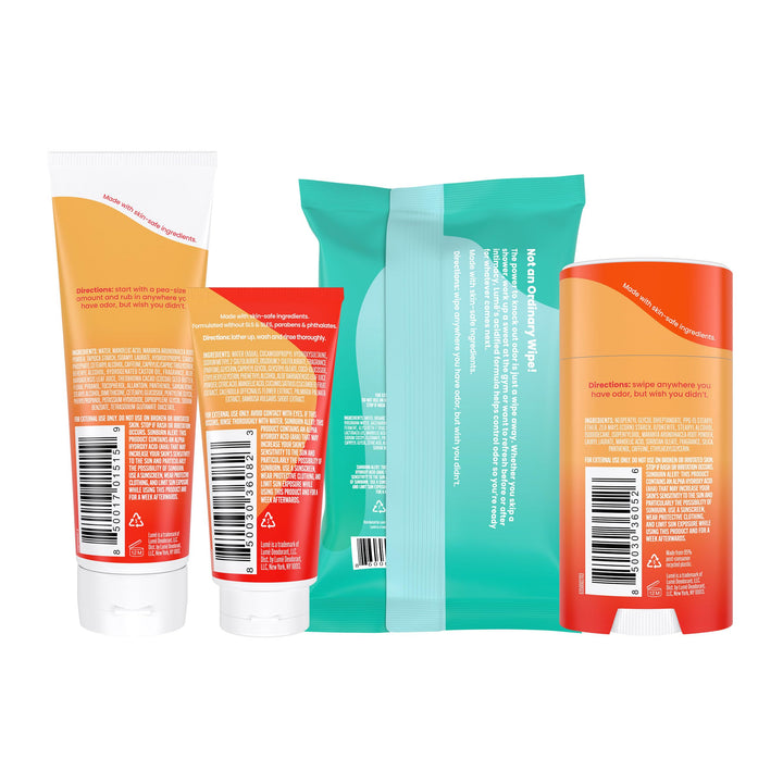 Lume Skin Care Gift Set for Women, Whole Body Deodorant Starter Pack -Smooth Solid Stick, Invisible Cream Tube, Acidified Body Wash Mini & Deodorant Wipes -Aluminum Free Odor Control (Clean Tangerine)