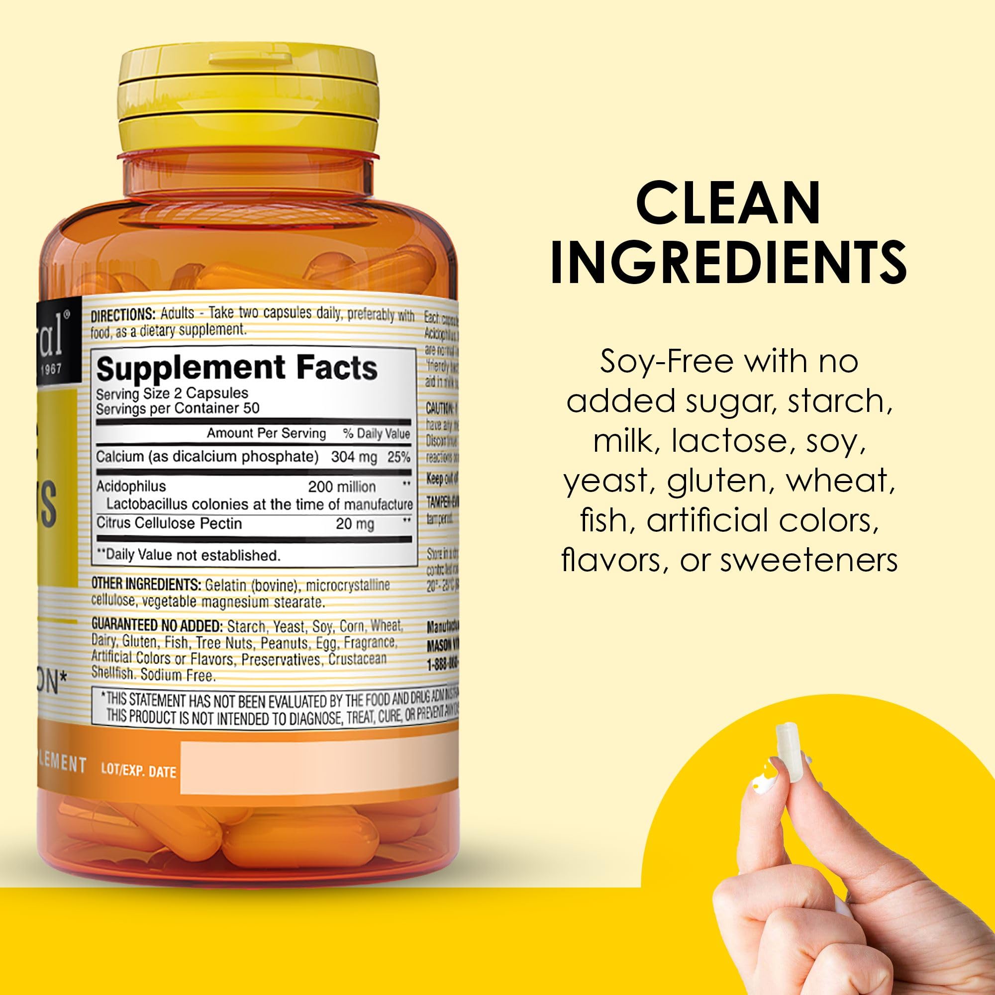 MASON NATURAL Probiotic Acidophilus, 150 Day Supply, Supports Regularity and Normal Digestion with Pectin & Calcium, 100 Capsules (Pack of 3)