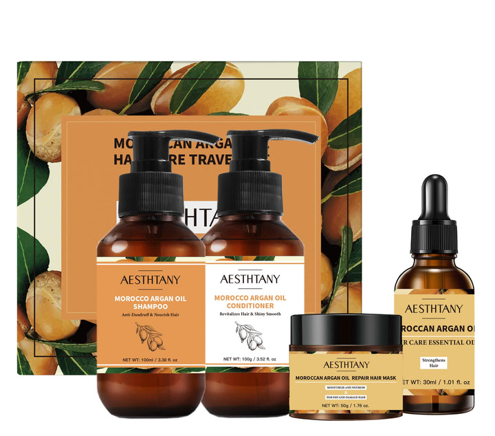 AESTHTANY Morocco Argan Oil Hair Care Travel Kit Rich Moisture Shampoo & Conditioner + Repair Hair Mask + Hair Care Essential Oil(4 Piece Set)