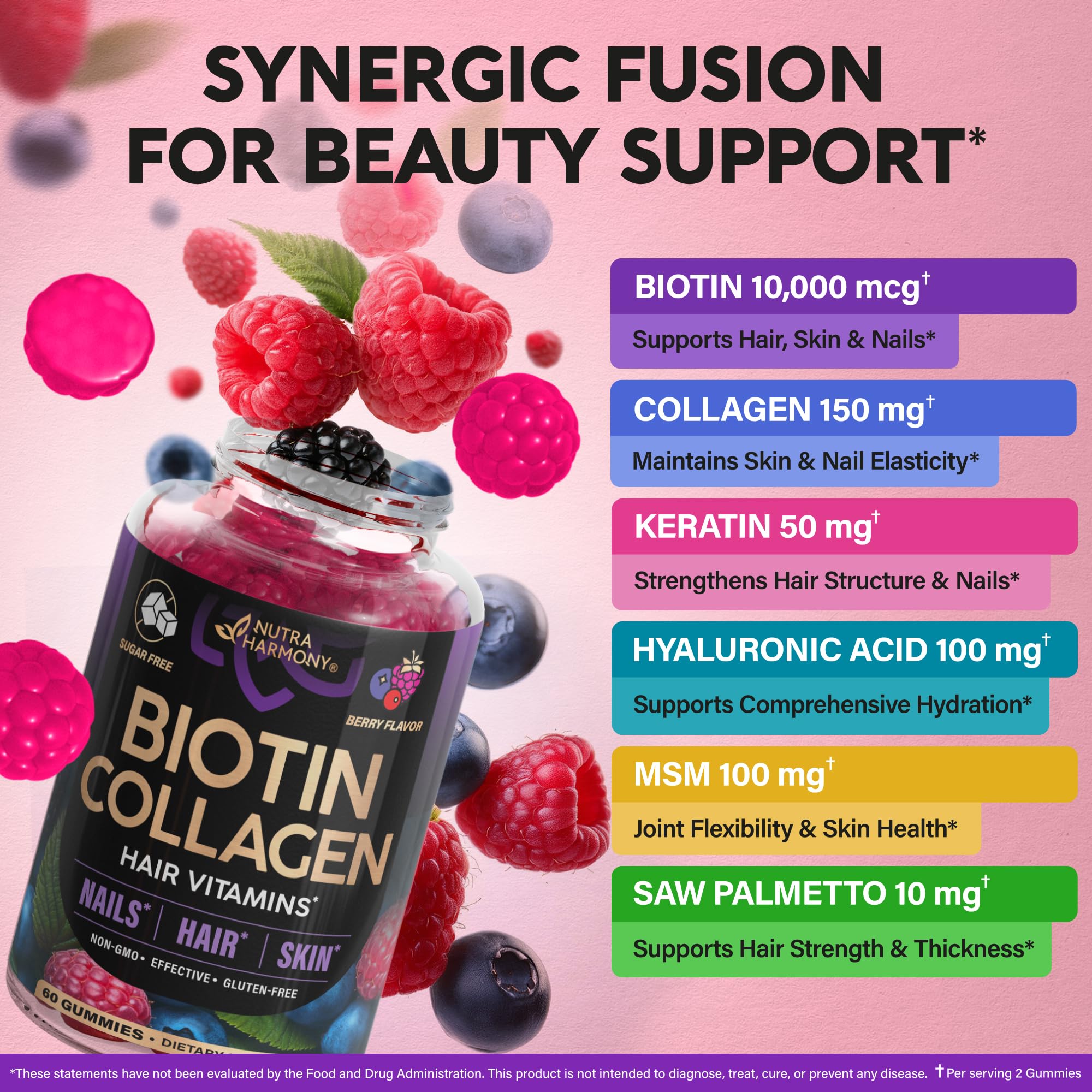 Biotin 10,000mcg & Collagen 150 mg Gummies - Hair Growth Support, Skin & Nail Strength - for Women & Men - Keratin | Hyaluronic Acid | B-Complex | Saw Palmetto - Sugar-Free, Berry Flavor - 60 Gummies