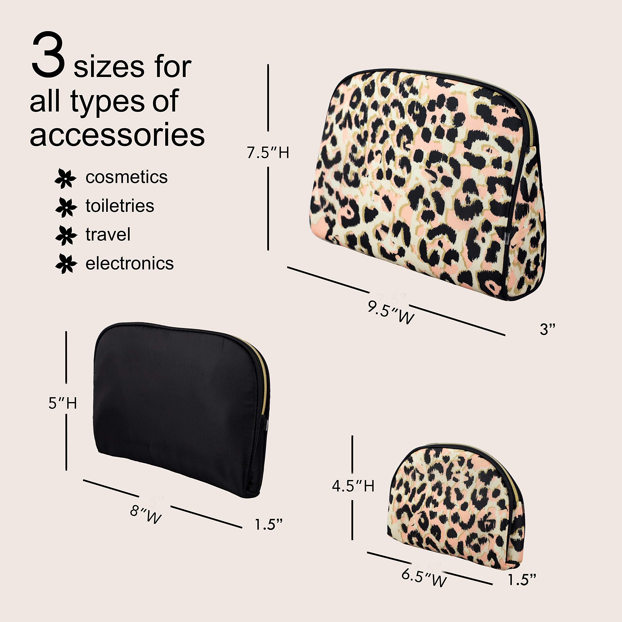 Black & Leopard: Once Upon A Rose Cosmetic Bag 3 Piece Set, Makeup Organizer, Toiletry Pouch, for Brushes, Pencil Case, Accessories, Travel, Girls, Gift Idea (Black & Leopard)