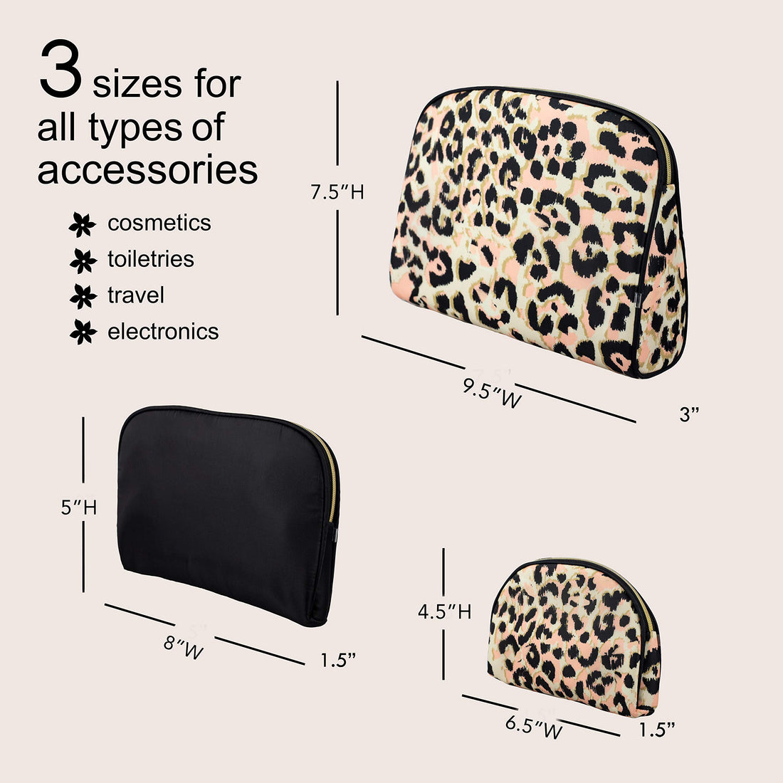 Black & Leopard: Once Upon A Rose Cosmetic Bag 3 Piece Set, Makeup Organizer, Toiletry Pouch, for Brushes, Pencil Case, Accessories, Travel, Girls, Gift Idea (Black & Leopard)